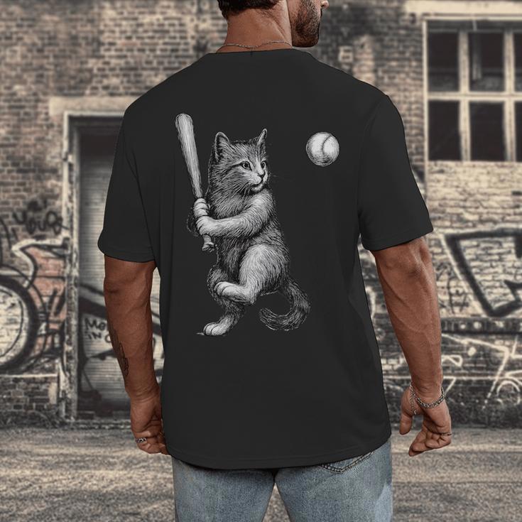 Cute Kitten Playing Baseball Hitter Bat Cool Baseball Cat Men's Back Print T-Shirt Cute Kitten Playing Baseball Hitter Bat Cool Baseball Cat Men's Back Print T-Shirt