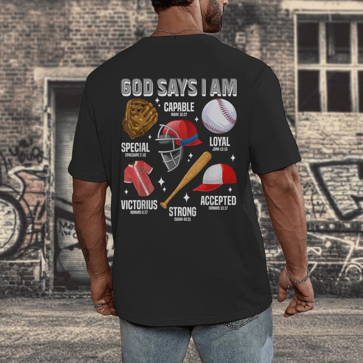 God Says I Am Baseball Player Catcher Pitcher Boys Men Men's Back Print T-Shirt God Says I Am Baseball Player Catcher Pitcher Boys Men Men's Back Print T-Shirt
