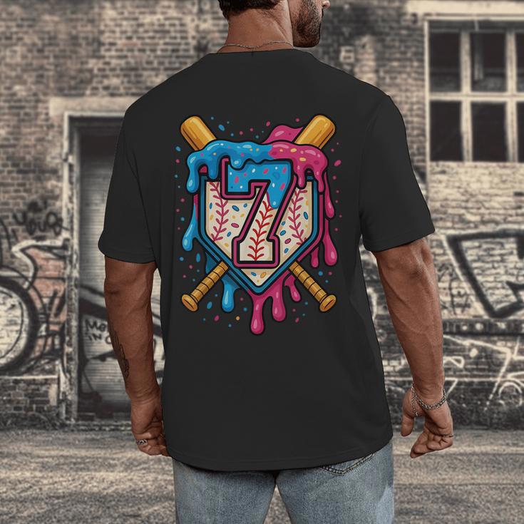HUGvyn 7th Birthday Baseball Ice Cream Drip Number 7 Kid Boy Men's Back Print T-Shirt