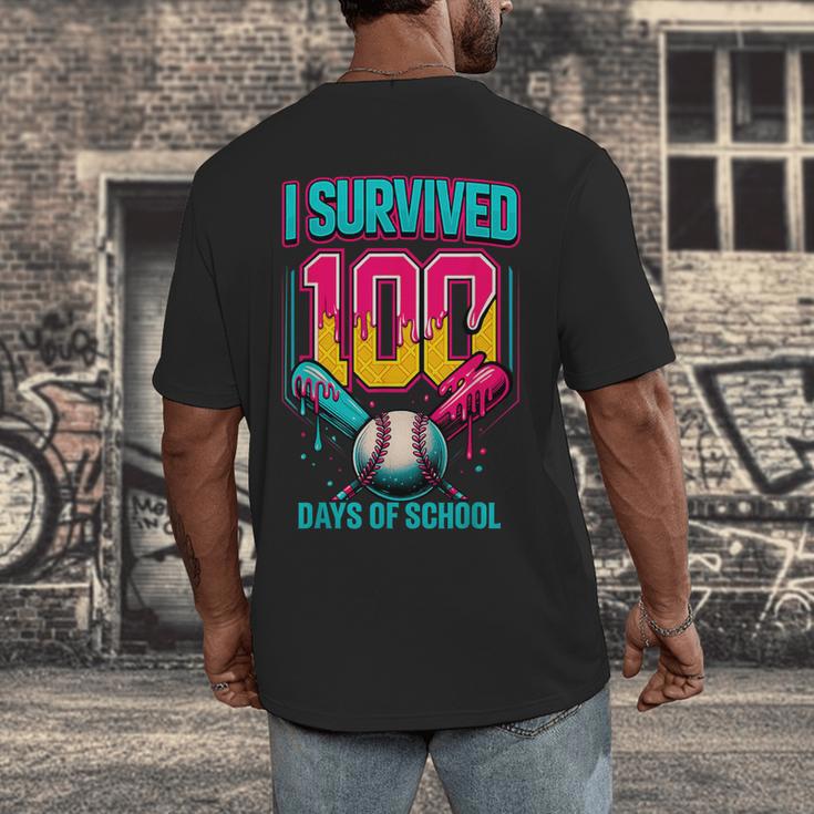 HUGvyn I Survived 100 Days Baseball Teacher Ice Cream Drip Men's Back Print T-Shirt HUGvyn I Survived 100 Days Baseball Teacher Ice Cream Drip Men's Back Print T-Shirt