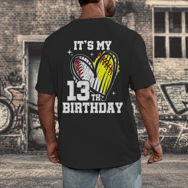 It's My 13th Birthday Baseball Softball Heart 13 Year Old Men's Back Print T-Shirt