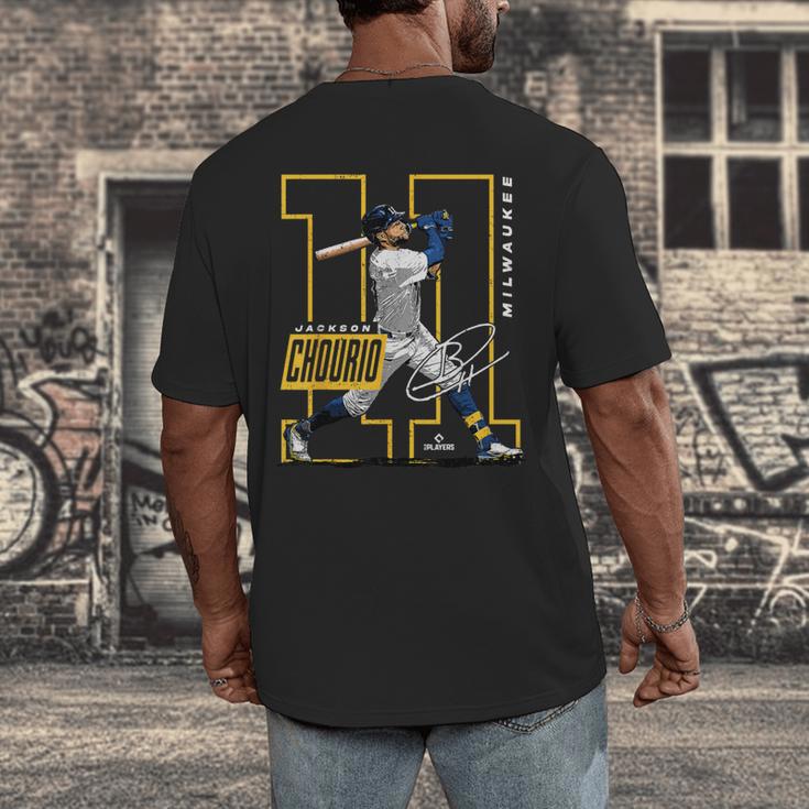 Jackson Chourio Milwaukee MLB Baseball Player MLBJCH202M Men's Back Print T-Shirt Jackson Chourio Milwaukee MLB Baseball Player MLBJCH202M Men's Back Print T-Shirt