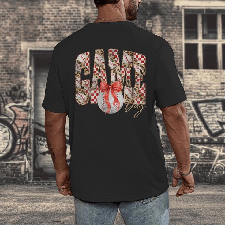 Leopard Checkered Game Day Baseball Coquette Bow Women Girls Men's Back Print T-Shirt