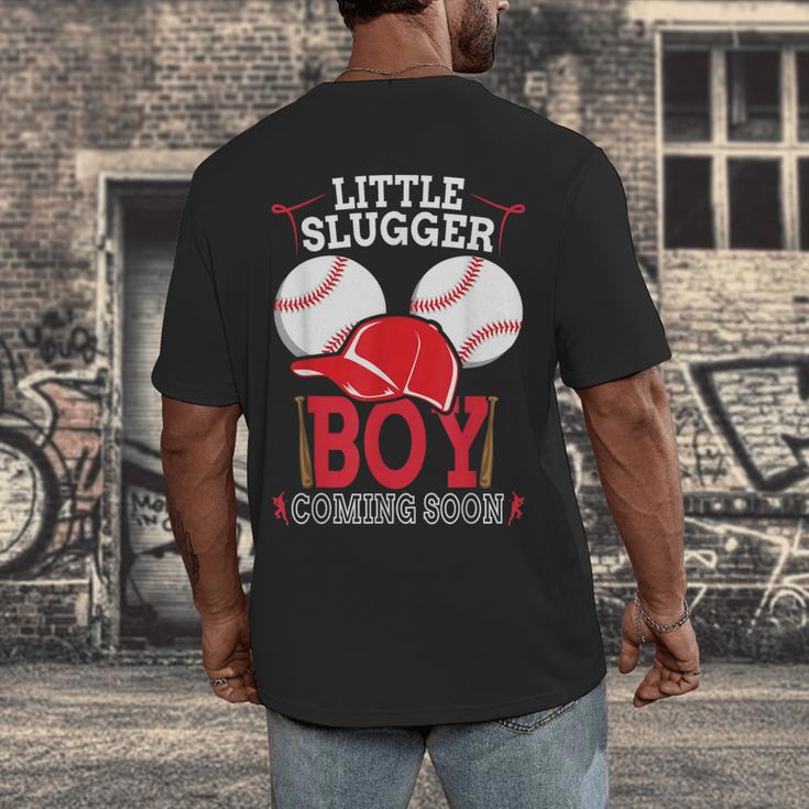 Little Slugger Boy Coming Soon Baby Announcement Baseball Men's Back Print T-Shirt Little Slugger Boy Coming Soon Baby Announcement Baseball Men's Back Print T-Shirt
