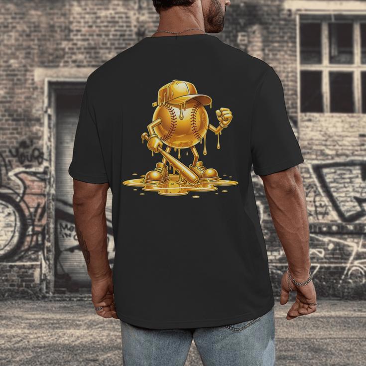 Melting Baseball Mascot Slugger Bat Cap Cartoon Men's Back Print T-Shirt Melting Baseball Mascot Slugger Bat Cap Cartoon Men's Back Print T-Shirt