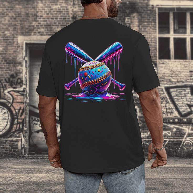 Neon Dripping Baseball And Bats Colorful Sports Art Men's Back Print T-Shirt Neon Dripping Baseball And Bats Colorful Sports Art Men's Back Print T-Shirt