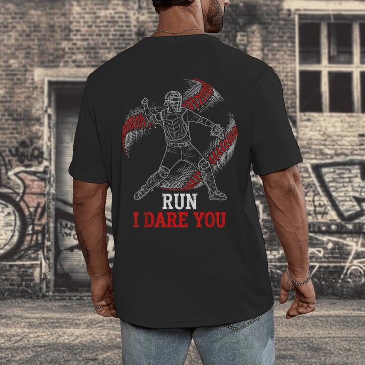 Run I Dare You Baseball Catcher Graphic Players Fans Men's Back Print T-Shirt Run I Dare You Baseball Catcher Graphic Players Fans Men's Back Print T-Shirt