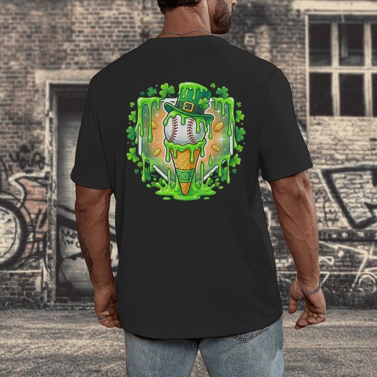 St Patrick Day Baseball Drip Ice Cream Baseball Home Plate Men's Back Print T-Shirt St Patrick Day Baseball Drip Ice Cream Baseball Home Plate Men's Back Print T-Shirt
