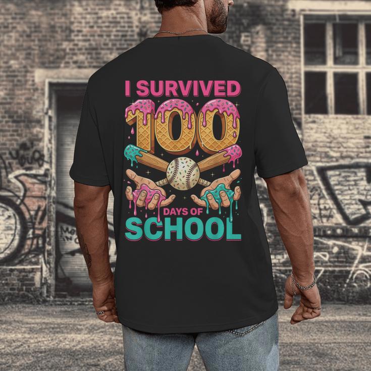 I Survived 100 Days Of School Baseball Ice Cream Drip Men's Back Print T-Shirt I Survived 100 Days Of School Baseball Ice Cream Drip Men's Back Print T-Shirt