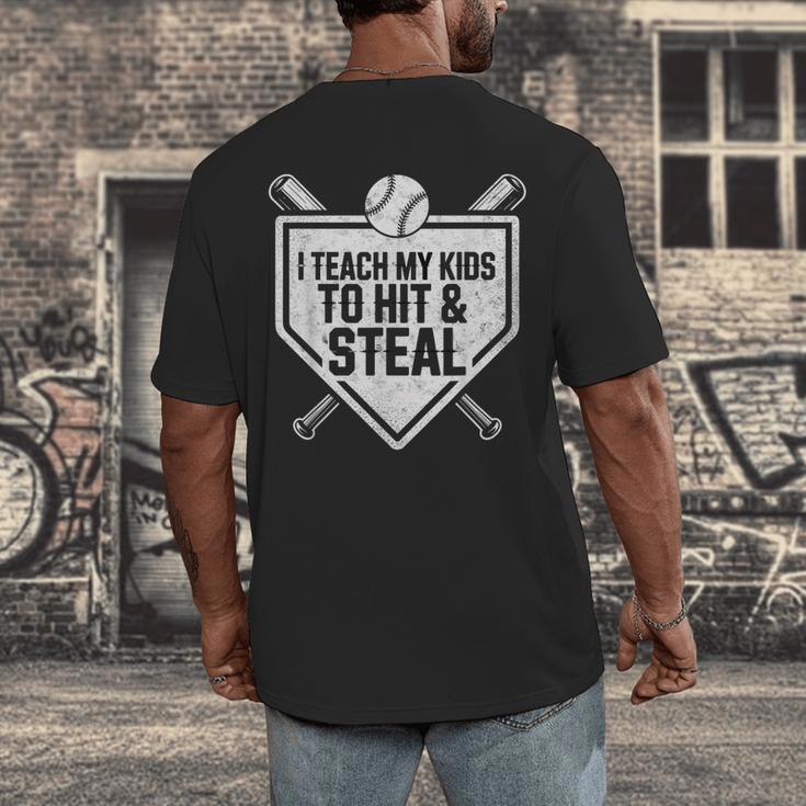 I Teach My Kids To Hit & Steal Baseball Player Coach Dad Tee Men's Back Print T-Shirt