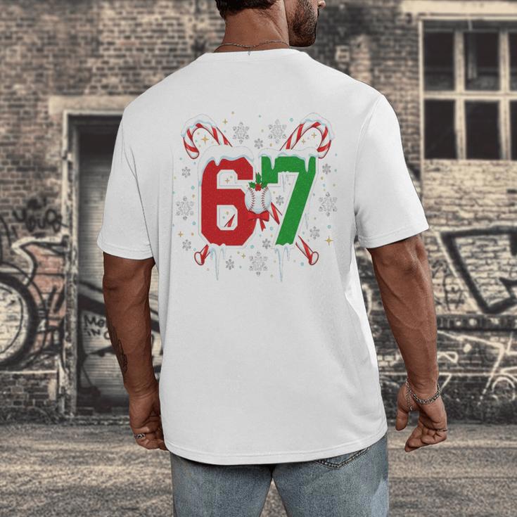 67 Baseball Christmas Candy Cane Snowflake Holiday Sports Men's Back Print T-Shirt