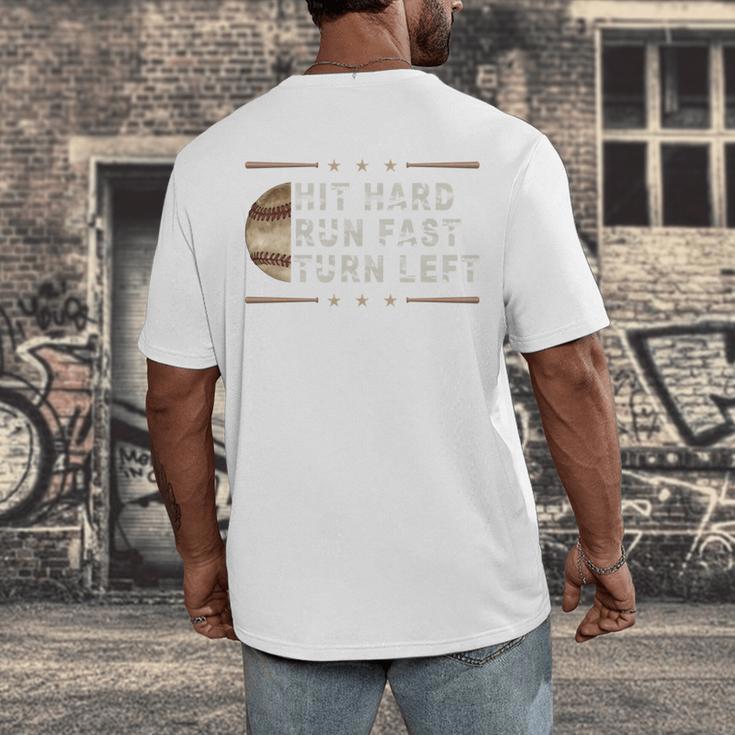 Baseball Hit Hard Run Fast Turn Left Men Boys Men's Back Print T-Shirt