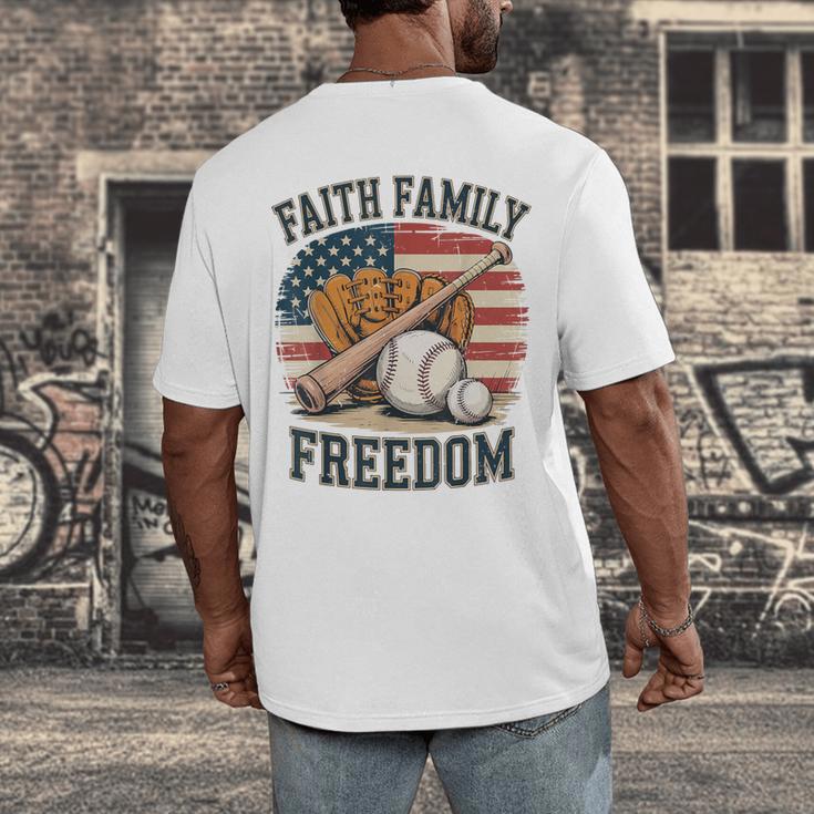 Faith Family Freedom Patriotic Christian Baseball Game Day Men's Back Print T-Shirt