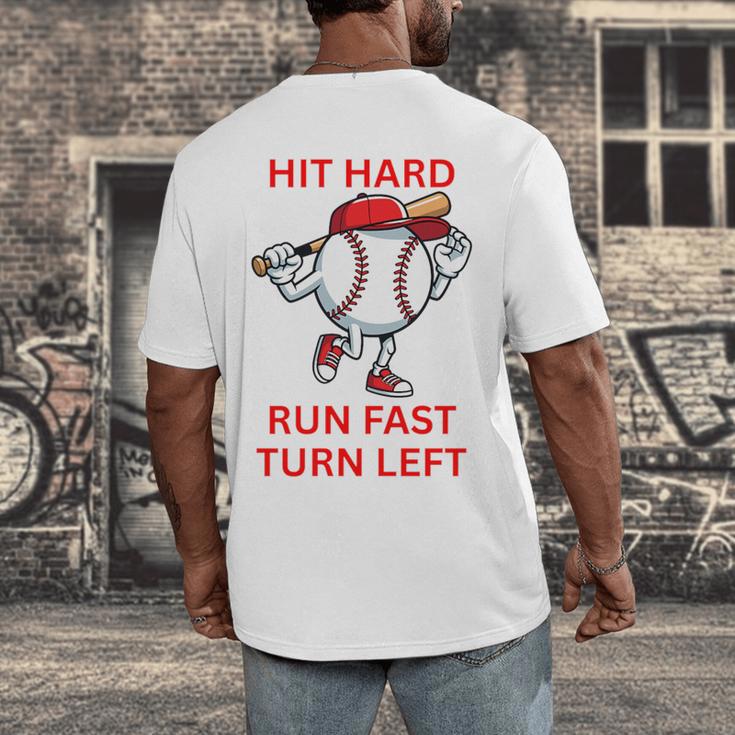 Hit Hard Run Fast Turn Left Baseball Player Premium Tri-Blend Men's Back Print T-Shirt