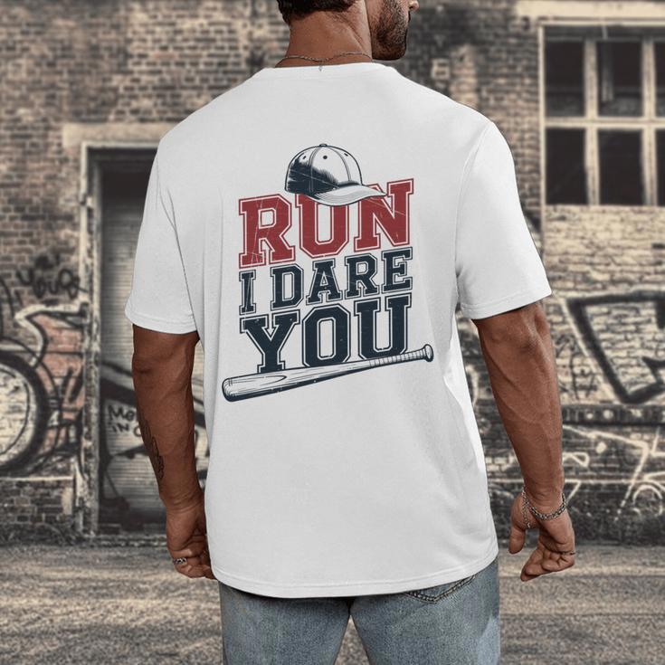 Run I Dare You Baseball Catcher Player Fan Men's Back Print T-Shirt Run I Dare You Baseball Catcher Player Fan Men's Back Print T-Shirt