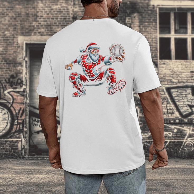 Santa Playing Baseball Catcher Merry Christmas Sport Player Men's Back Print T-Shirt Santa Playing Baseball Catcher Merry Christmas Sport Player Men's Back Print T-Shirt