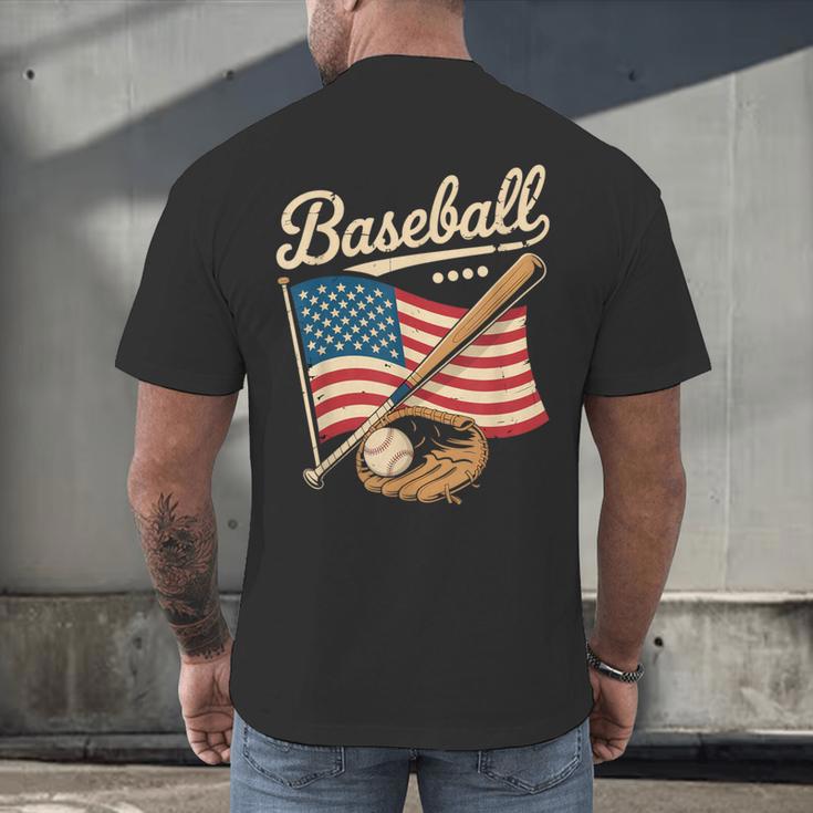 American Flag Baseball Player Bat Fan Catcher Pitcher USA Men's Back Print T-Shirt
