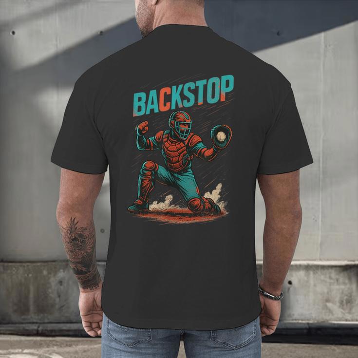 Backstop Catcher Baseball Graphic Men's Back Print T-Shirt Backstop Catcher Baseball Graphic Men's Back Print T-Shirt