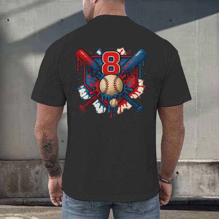 Baseball 8 Year Old Splash Drip 8th Birthday Boy Number 8 Men's Back Print T-Shirt