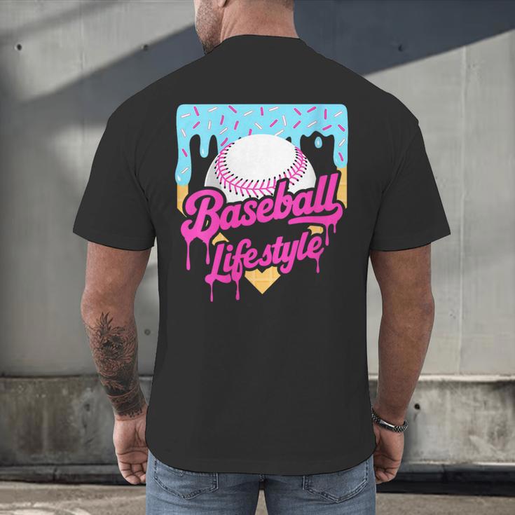 Baseball Life Lifestyle Home Plate Ice Cream Drip Men Boys Men's Back Print T-Shirt Baseball Life Lifestyle Home Plate Ice Cream Drip Men Boys Men's Back Print T-Shirt