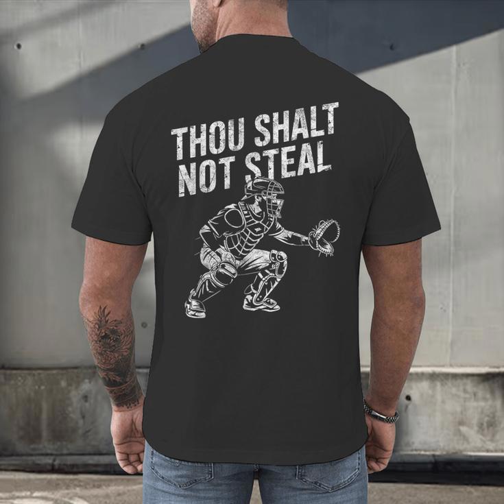 Baseball Player Catcher Thou Shalt Not Steal Coach Baseball Men's Back Print T-Shirt Baseball Player Catcher Thou Shalt Not Steal Coach Baseball Men's Back Print T-Shirt