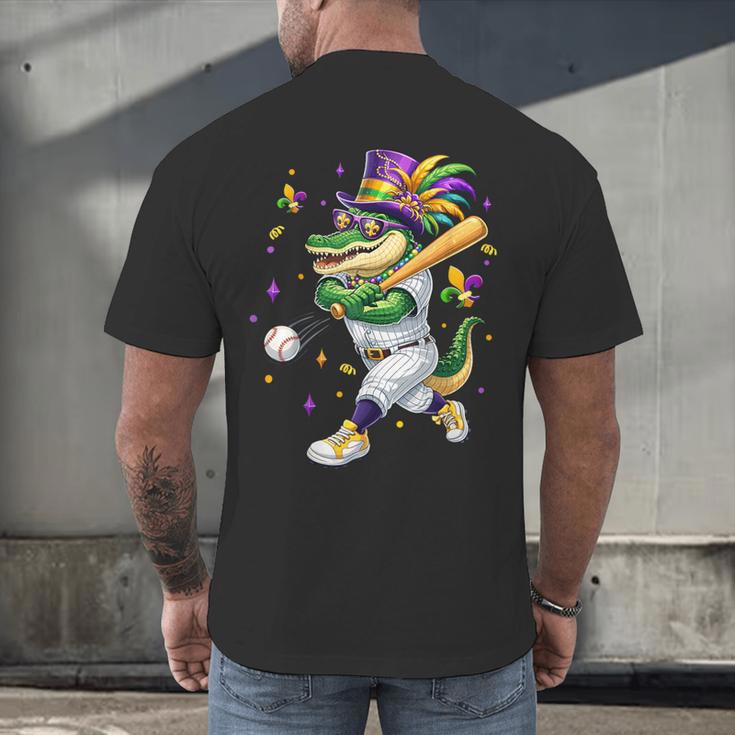 Baseball Player Mardi Gras Alligator Carnival Costume Beads Men's Back Print T-Shirt