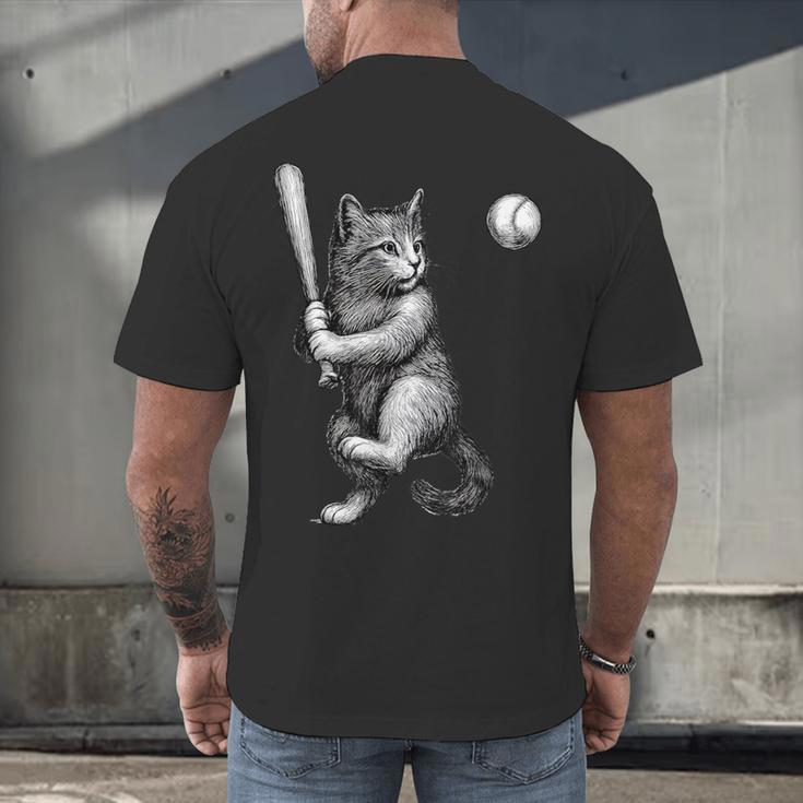 Cute Kitten Playing Baseball Hitter Bat Cool Baseball Cat Men's Back Print T-Shirt Cute Kitten Playing Baseball Hitter Bat Cool Baseball Cat Men's Back Print T-Shirt