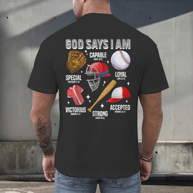 God Says I Am Baseball Player Catcher Pitcher Boys Men Men's Back Print T-Shirt God Says I Am Baseball Player Catcher Pitcher Boys Men Men's Back Print T-Shirt