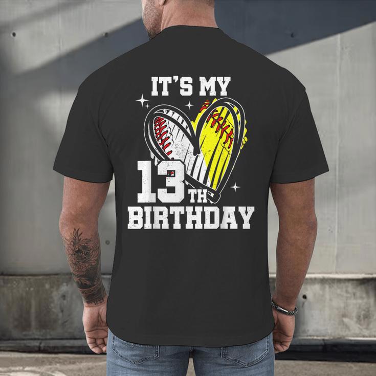 It's My 13th Birthday Baseball Softball Heart 13 Year Old Men's Back Print T-Shirt