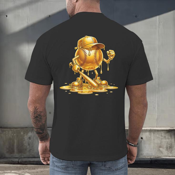Melting Baseball Mascot Slugger Bat Cap Cartoon Men's Back Print T-Shirt Melting Baseball Mascot Slugger Bat Cap Cartoon Men's Back Print T-Shirt