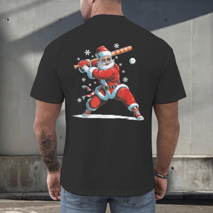Santa Playing Baseball Christmas Candy Cane Fun Xmas Holiday Men's Back Print T-Shirt Santa Playing Baseball Christmas Candy Cane Fun Xmas Holiday Men's Back Print T-Shirt