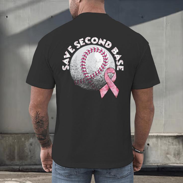 Save 2nd Base Breast Cancer Awareness Pink Ribbon Baseball Men's Back Print T-Shirt Save 2nd Base Breast Cancer Awareness Pink Ribbon Baseball Men's Back Print T-Shirt