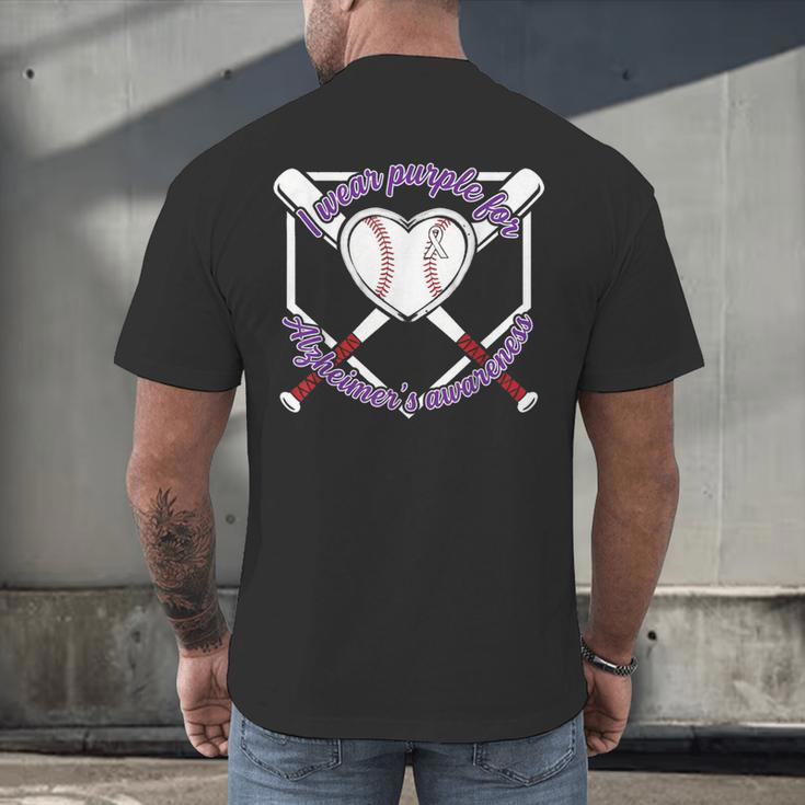 I Wear Purple For Alzheimers Awareness Baseball Heart Ribbon Men's Back Print T-Shirt