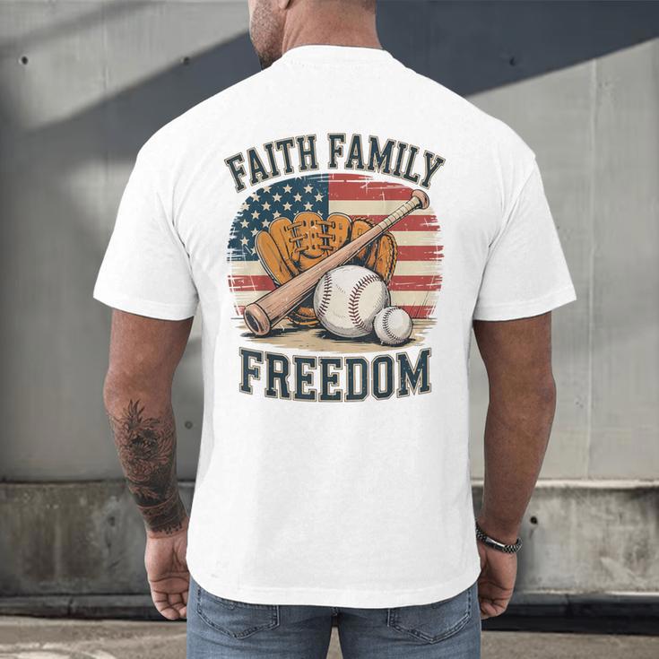 Faith Family Freedom Patriotic Christian Baseball Game Day Men's Back Print T-Shirt