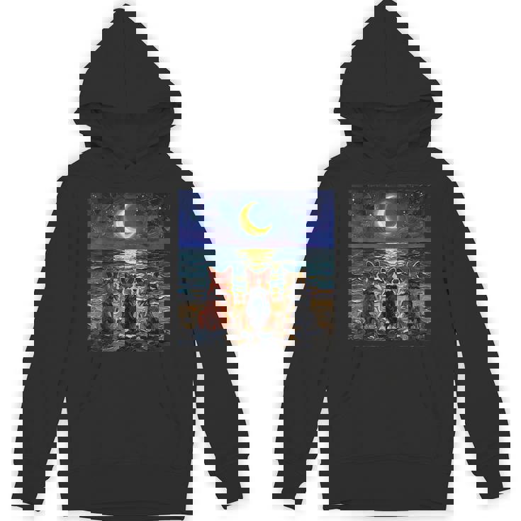 3 コーギーの夜のビーチかわいい犬と三日月のアートワーク パーカー