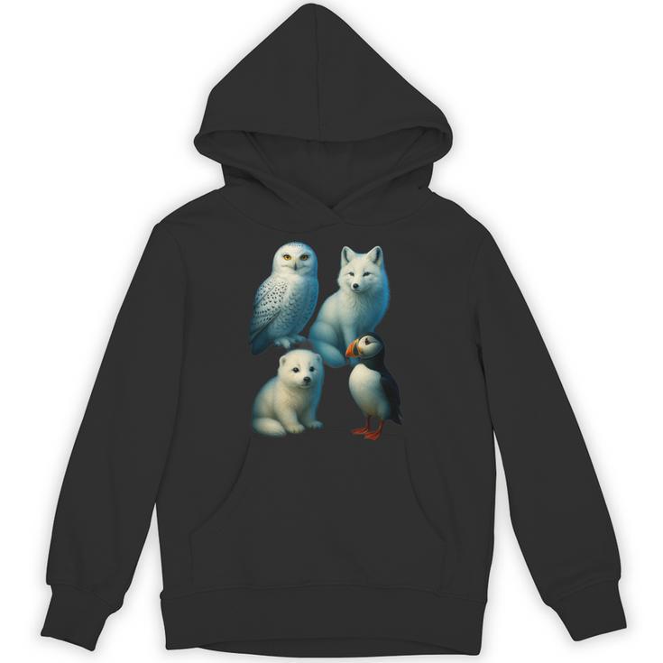 Arctic Animals コラージュ シロフクロウ キツネアザラシ ツノメ パーカー
