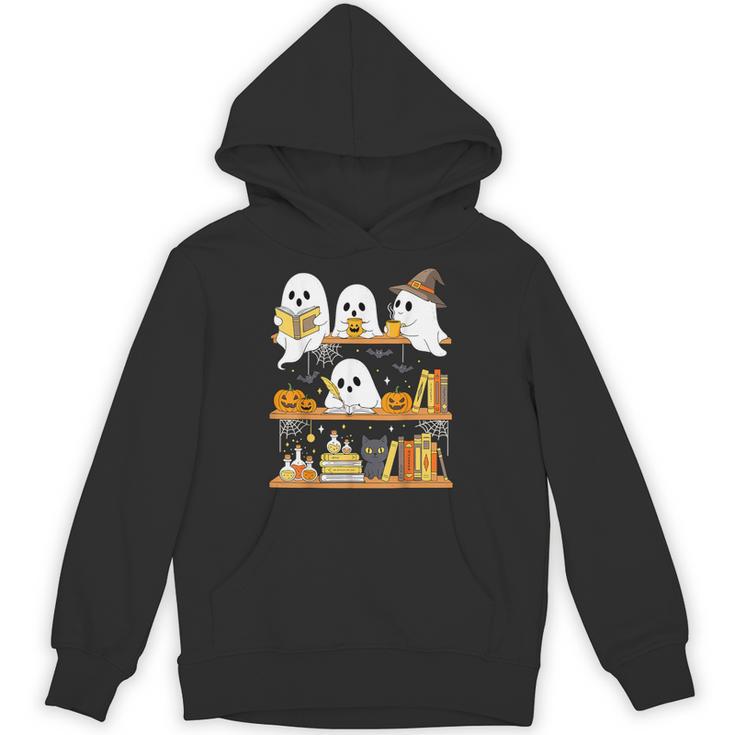 Cute Halloween Ghost Bookshelf Cat Book Lover Unisex Hoodie