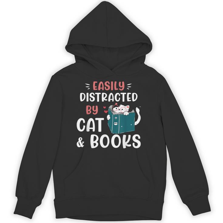 Easily Distracted By Cats And Books Cat & Book Lover For Men Women Kids Unisex Hoodie
