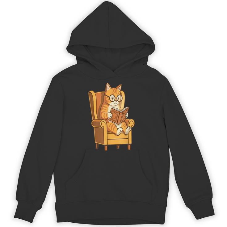 Ginger Tabby Cat Reading Book Glasses Retro Illustration Unisex Hoodie