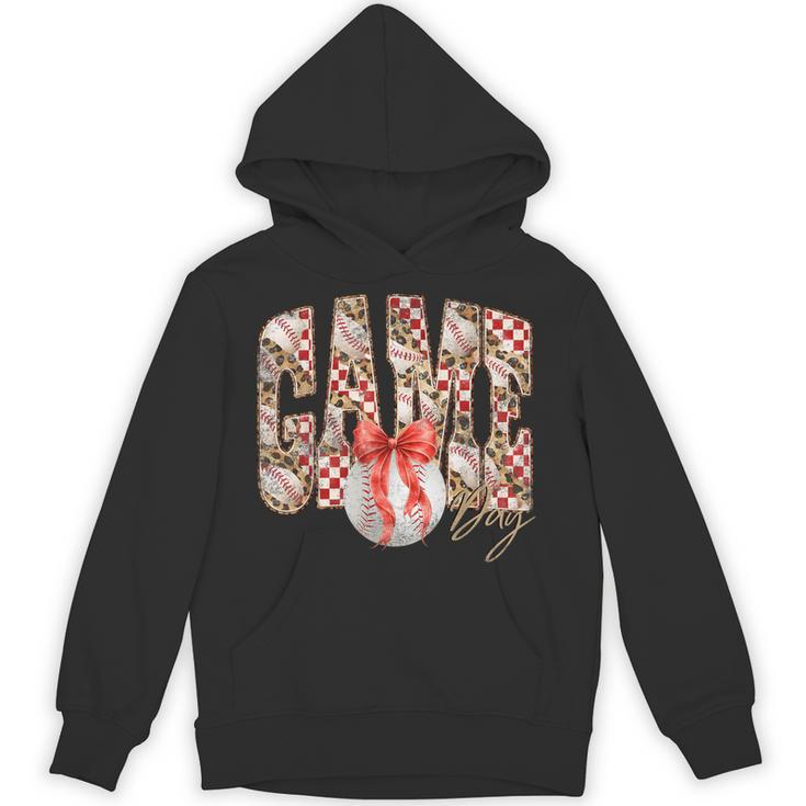 Leopard Checkered Game Day Baseball Coquette Bow Women Girls Unisex Hoodie