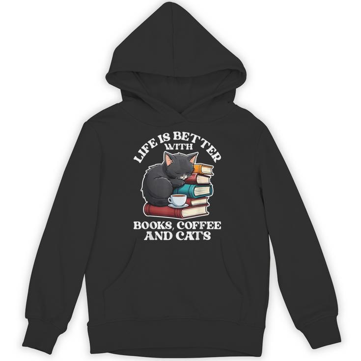 Life Is Better With Books Cats & Coffee Librarian Book Lover Unisex Hoodie