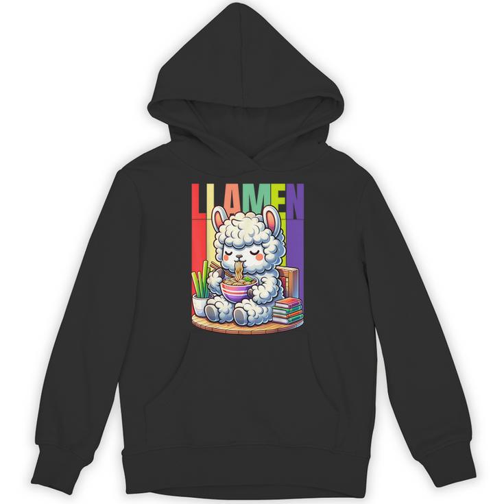 Llamen Cute Kawaii Llama Eating Ramen And Reading Books Unisex Hoodie
