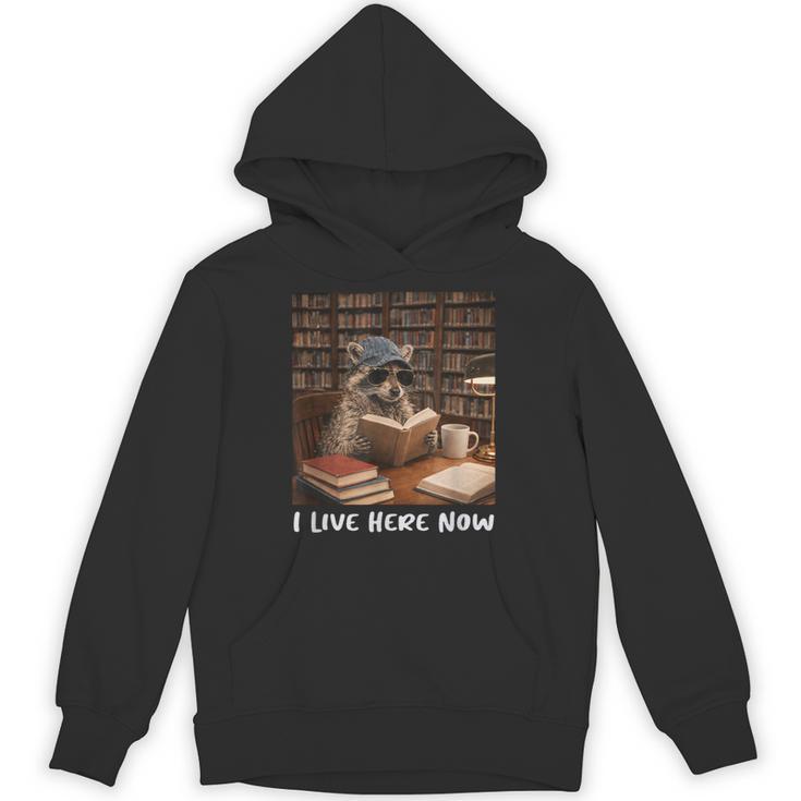 Raccoon I Live Here Now Book Lover Racoon Reading Book Unisex Hoodie