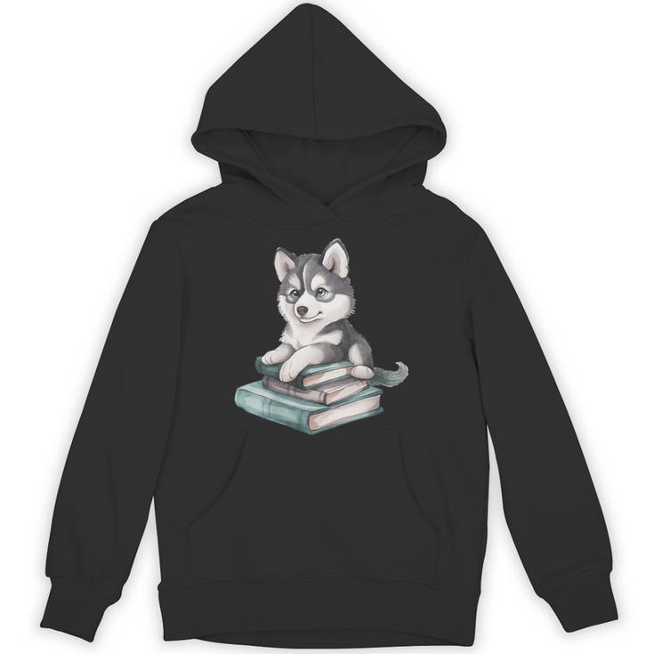 Women's Adorable Watercolor Husky Puppy Dog Reading Books Unisex Hoodie