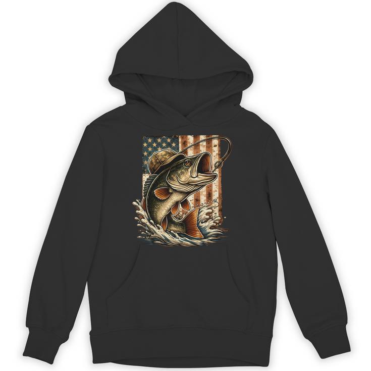 ビンテージバスフィッシング迷彩、アメリカ国旗。 長袖tシャツ パーカー