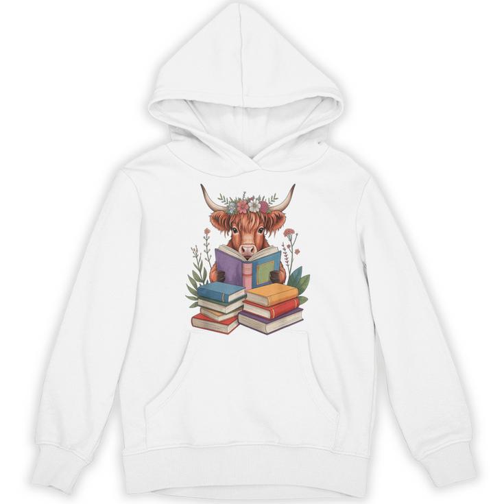 Cute Highland Cow With Book Floral Bookworm Librarian Book Unisex Hoodie