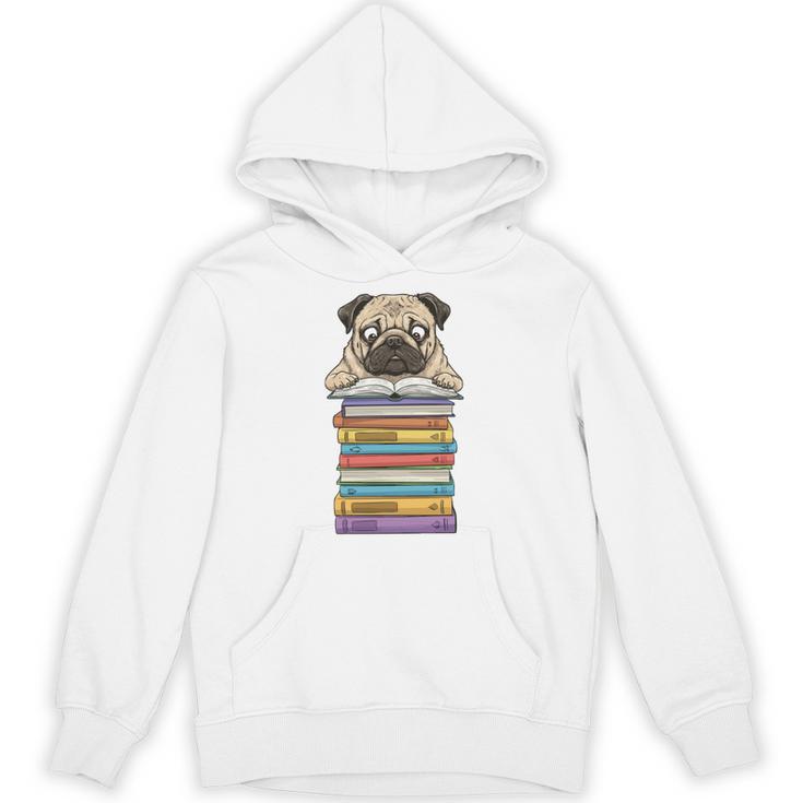 Cute Pug Dog Reading Book On Pile Of Books Unisex Hoodie