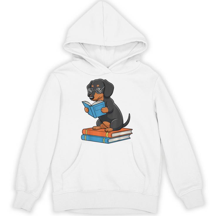 Dachshund Dog With Glasses Reading Book Librarian Unisex Hoodie