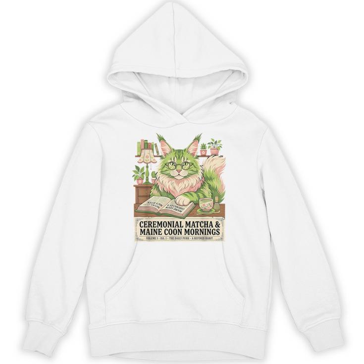 Matcha Drinking Maine Coon Cat Reading Books Aesthetic Unisex Hoodie