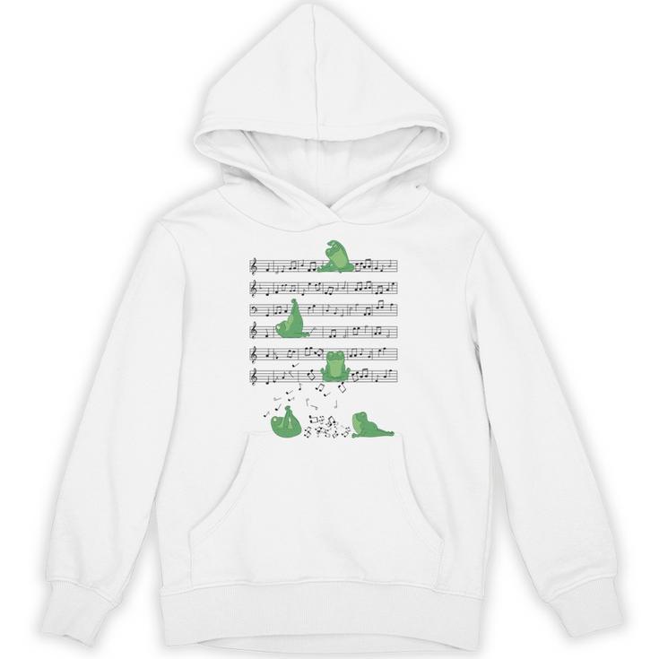 ヨガをしているかわいいカエル 音符 音記号 ミュージシャンアート 長袖tシャツ パーカー